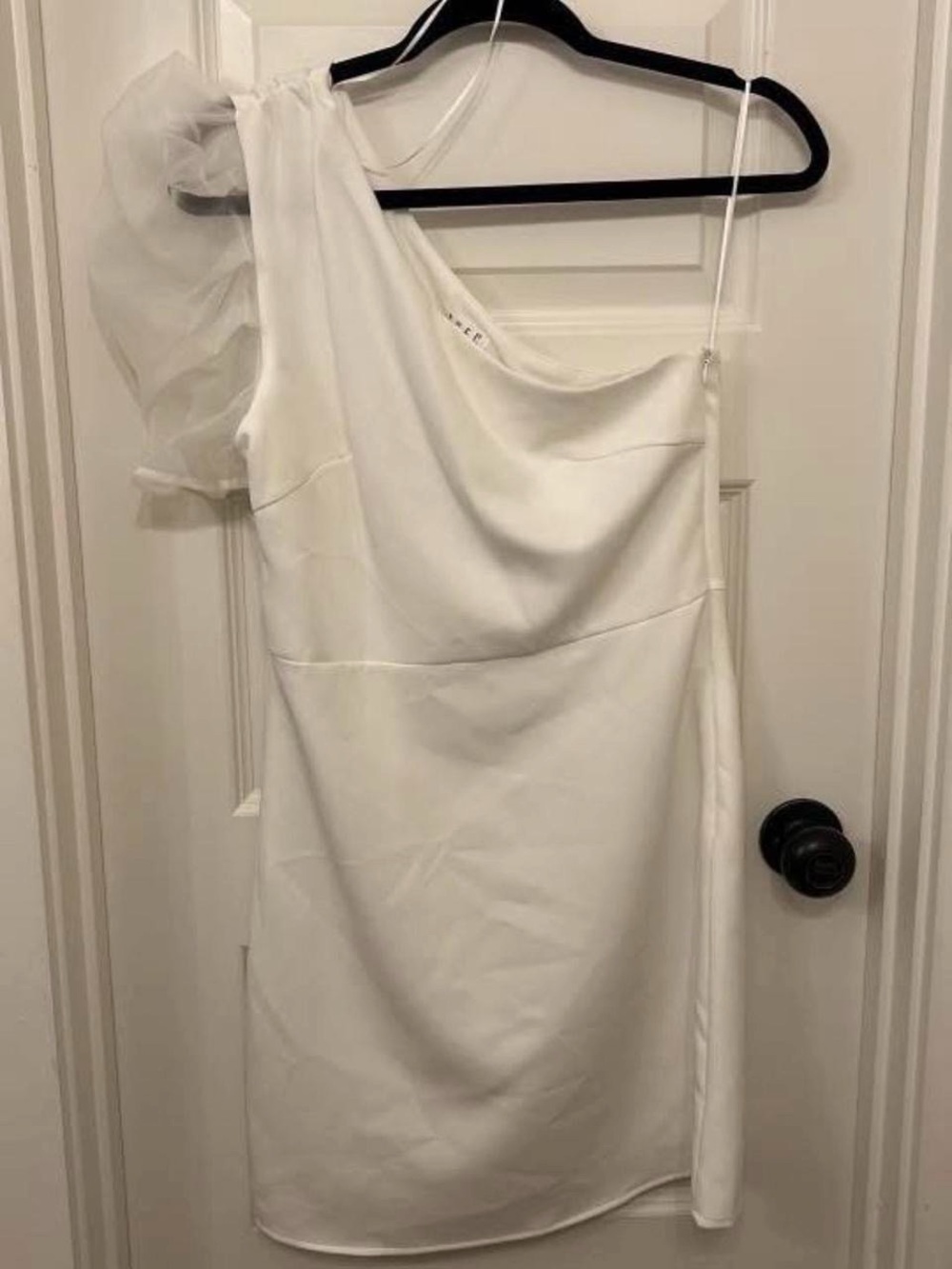 TCEC One-Shoulder White Cocktail Dress with Sheer Puff Sleeve